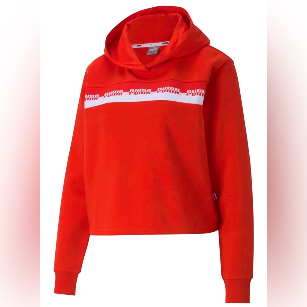 Puma Amplified Cropped Relaxed Fit Hoodie in Red, Size XL, Casual Loungewear